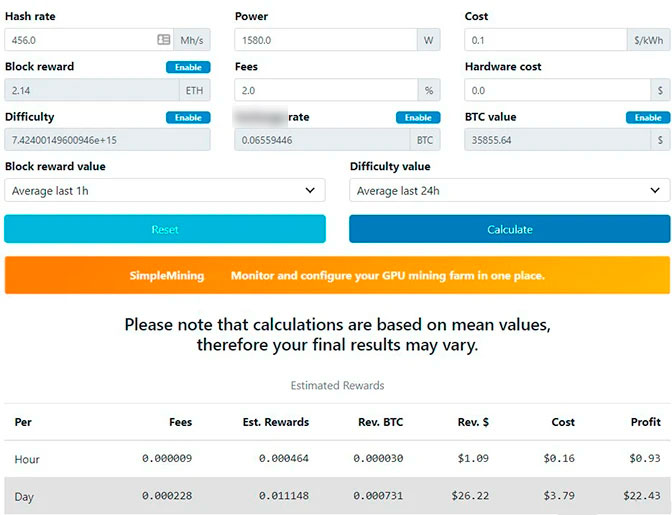 Расчет доходности с помощью калькулятора майнинга