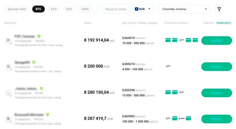 Покупка BTC на P2P KuCoin