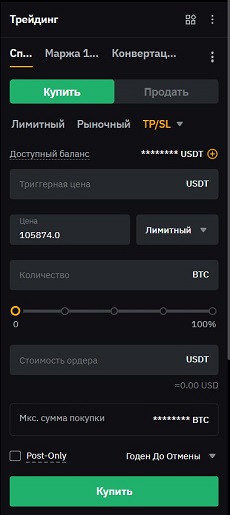 Окно параметров ордера на Bybit