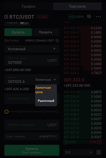 Окно выбора цены исполнения ордера на Bybit