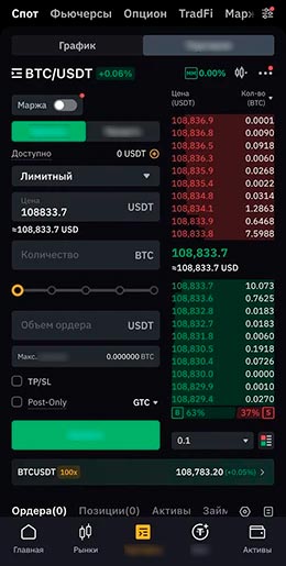 Торговый терминал в приложении Bybit