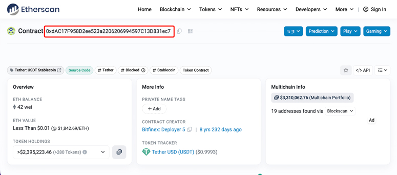 Страница смарт-контракта на Etherscan