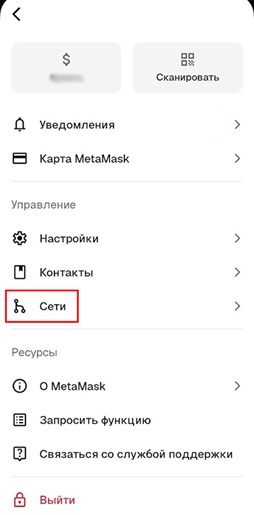 Меню сетей в мобильном приложении
