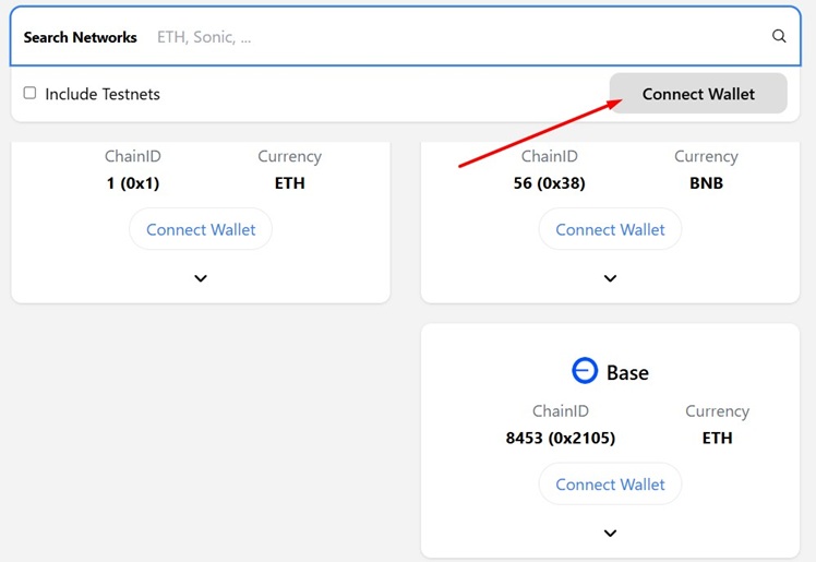 Кнопка подключения кошелька в ChainList