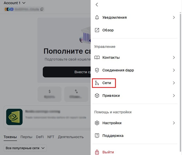 Раздел сетей в меню