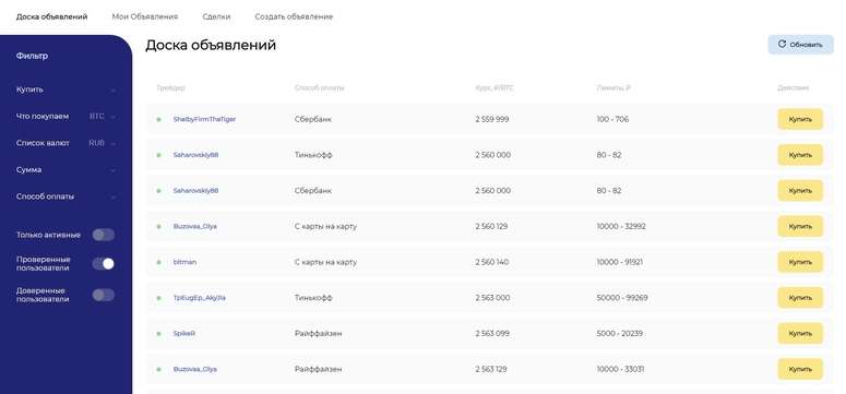 Объявления P2P обмен криптовалют