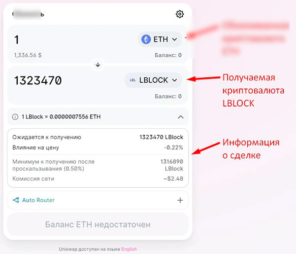 Торговый терминал децентрализованной биржи Uniswap