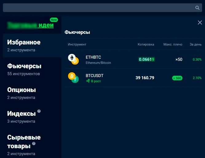 Окно выбора деривативов на ШтормГейн