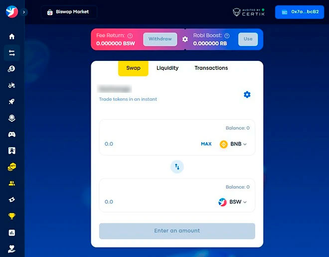 Интерфейс сервиса Exchange на Biswap