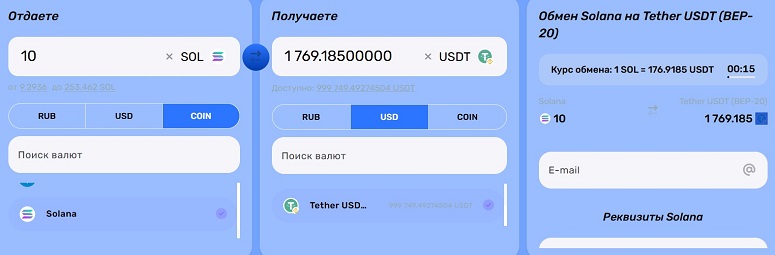 Продажа SOL за USDT