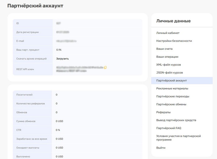 Таблица с информацией о партнерской программе